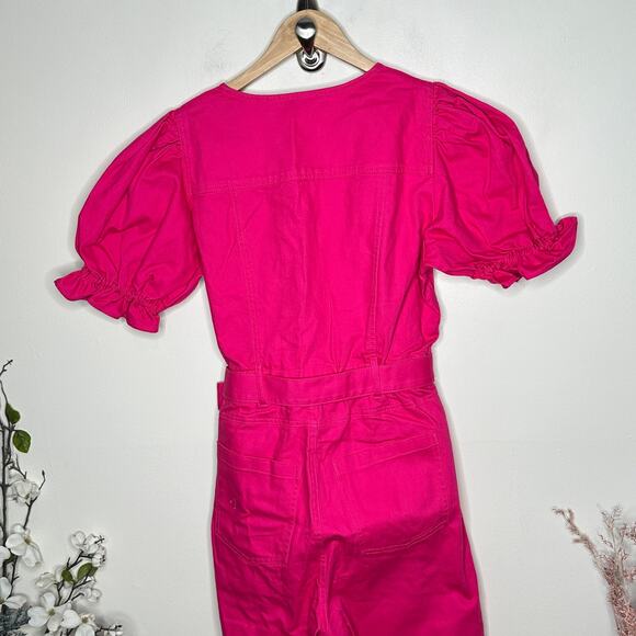 & OTHER STORIES Feminine Puff Sleeve V-Neck Jumpsuit Bright Pink Sz 10 {164} - Picture 4 of 7